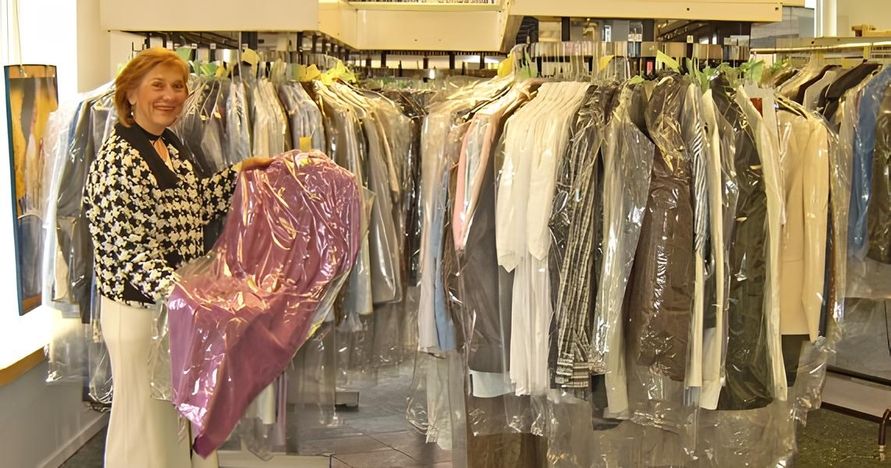 Mitarbeiterin hält ein Kleidungsstück  in der Hand